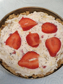 A picture of My birthday 💐 orange 🍊 lime 🍋🟩 and strawberry 🍓🍓 cheesecake. Low fat.