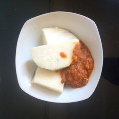 Boiled yam and dry fish stew A picture of Boiled yam and dry fish stew.