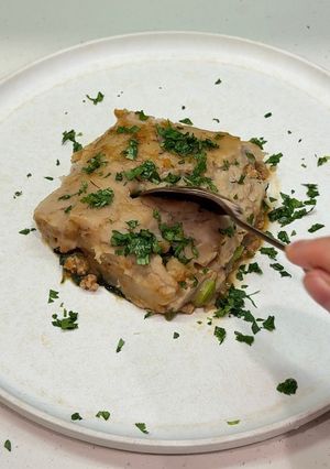 A picture of Pad Kra Pow Shepherd’s Pie.