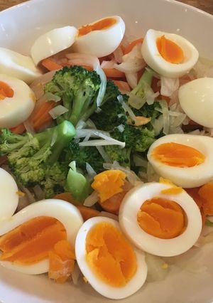 A picture of Broccoli and eggs salad.