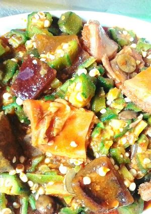 A picture of Okro Soup With Assorted Meat.