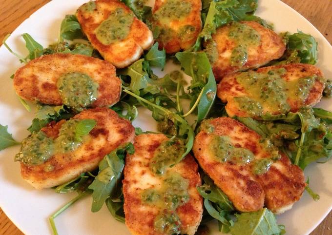 Fried Halloumi Cheese with Caper and Basil Dressing