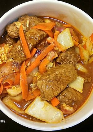 A picture of Beef Version of Spicy Stew (Dak Galbi Spinoff).