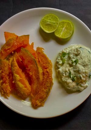 A picture of Pumpkin Fritti with Hot Honey & Creme Fraiche (Pumpkin Stir Fry).