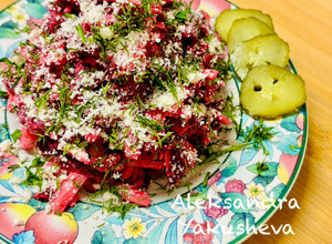 A picture of Salad - appetizer of baked beetroot and cheese.