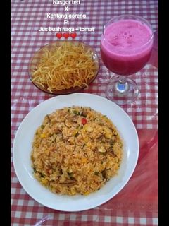 Foto resep Nasi goreng teri + Kentang goreng + Jus buah Gato (Naga+Tomat)