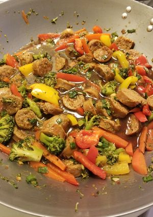 A picture of Spicy Sausage Stir Fry with Plum Sauce.