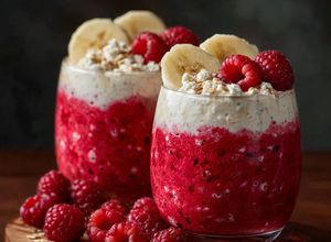 Zdjęcie przepisu Bananowo - malinowy koktajl z serka wiejskiego.