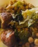 Bacalhau com broa, grão e couves