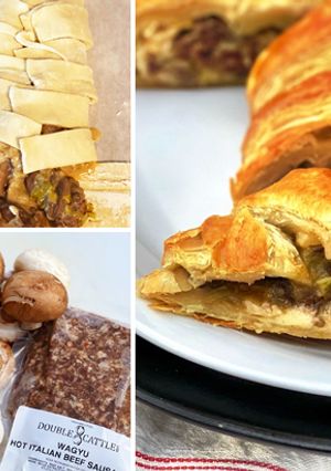 A picture of Wagyu Beef Hot Italian Sausage, Mushroom, and Leek Puff Pastry.