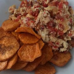 A picture of Sweet Potato Fries and Scrambled Eggs.