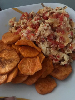 A picture of Sweet Potato Fries and Scrambled Eggs.