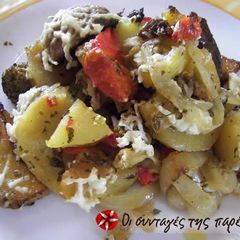 A picture of Potatoes in the oven with mushrooms.
