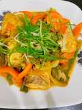 Steam barramundi fillets with pickled mustard and tomatoes