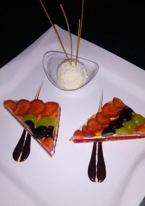 A picture of Strawberry flan.