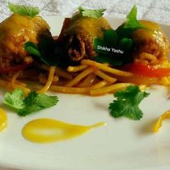 A picture of Spaghetti with Banana Kebabs and Tangy Orange Ponzu.