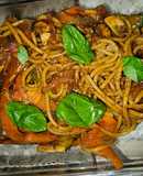 Espaguetis con Guanciale y verduras