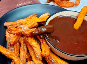 A picture of Mexican Churros with Hot Chocolate, Eggless.