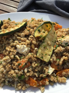 A picture of Roasted butternut squash with feta and pearl barley #salad.