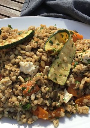 A picture of Roasted butternut squash with feta and pearl barley #salad.