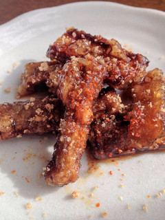 A picture of Fried Burdock Root with Sweet & Salty sauce.
