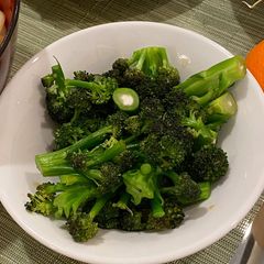 A picture of Boiled purple sprouting broccoli with ginger and soy sauce in 5 mins.