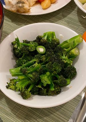A picture of Boiled purple sprouting broccoli with ginger and soy sauce in 5 mins.