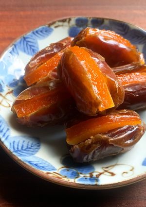 A picture of Candied Orange Peel Stuffed Dates.