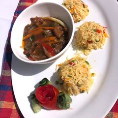Vegetable fried rice and shredded beef sauce A picture of Vegetable fried rice and shredded beef sauce.