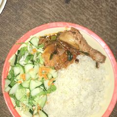 White rice with salad and chicken sauce A picture of White rice with salad and chicken sauce.