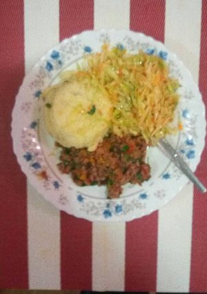 A picture of Creamy mashed potatoes, minced meat and cabbage.