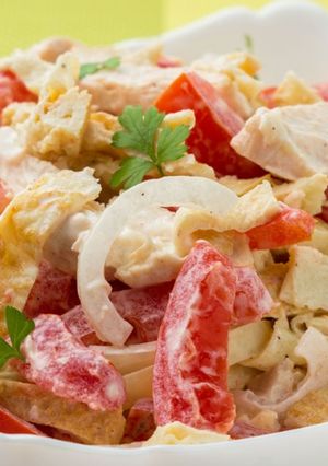 Фото Салат с блинчиками, помидорами и курицей! #школа.