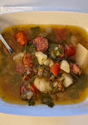 A picture of Kale Soup with Potatoes and Sausage.