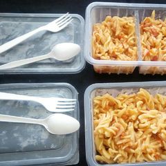 A picture of Pasta dipped in tomato soup by Seline & Christine.