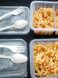 A picture of Pasta dipped in tomato soup by Seline & Christine.