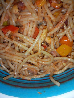 A picture of Spaghetti with stir veggies.