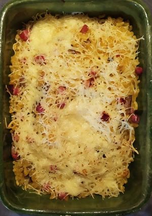 Une photo de Gratin de coquillettes au jambon et champignons