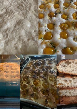 A picture of Focaccia with Sourdough and Yellow Cherry Tomatoes.