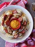 Perogies with Kielbasa, Onion, and Hot Mustard