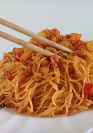عکسی از دستور ماکارونی با لوبیا و قارچ