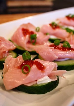 A picture of Cucumber, Ham & Sriracha Bites.