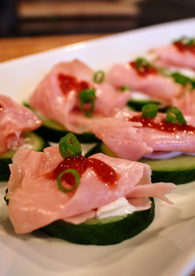 A picture of Cucumber, Ham & Sriracha Bites.