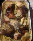 Pollo y carne a la bbq con papas al horno