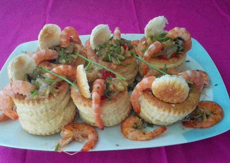 Volován con verduras caramelizadas y langostinos