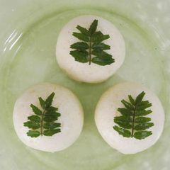Wagashi "Komugi-Manju" with a Fresh Herb A picture of Wagashi "Komugi-Manju" with a Fresh Herb.