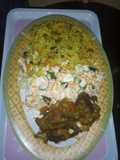 Fried rice, salad and grilled croaker fisg
