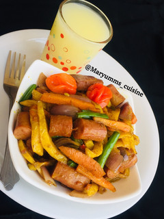 A picture of SPICYSAUSAGE FRENCHFRIES & PINEAPPLE SHAKE by maryumms_cuisine.