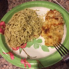 A picture of Parmesan Crusted Chicken with Garlic Herb Noodles.