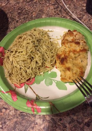 A picture of Parmesan Crusted Chicken with Garlic Herb Noodles.