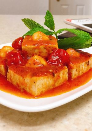 Hình của món Đậu hũ nhồi trứng cút sốt cà chua🍅.